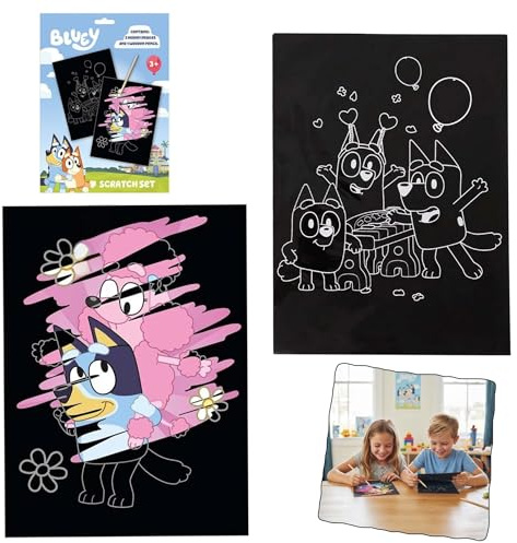 Bluey Scratch Art Craft Set for Kids, 3Pcs Scratch Picture Art Kit with Wooden Stylus, 22.5x29.5cm Non-Toxic Scratch Paper Craft Toys, Creative Drawing Activity for Boys & Girls Age 3+