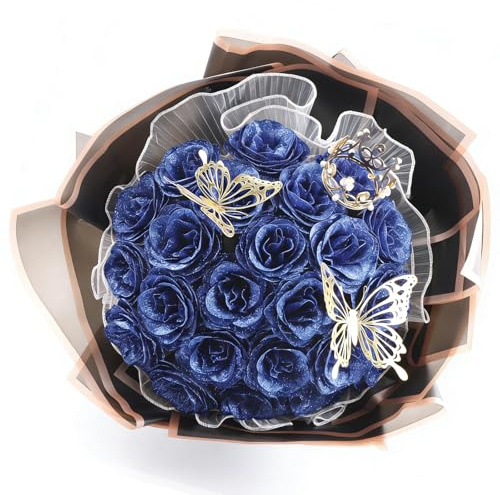DRAKEWOOD Ramo de Rosas Azules con Purpurina con 24 Piezas Rosas Artificiales azules Mariposa Corona y Tarjetas- Ramo de Flores Brillantes para San Valentín Compromiso Boda Aniversario día de la Madre