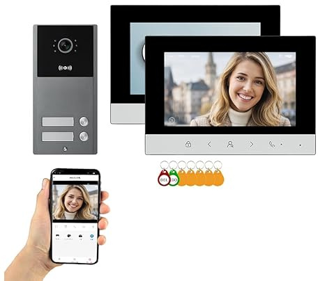 HVLOSNE Videocitofono WiFi TUYA con controllo accessi, citofono video con unità esterna IP65, 1 unità esterna + 2 monitor interni, apertura porta tramite app e RFID (IC) / NFC, per casa e ufficio(3)