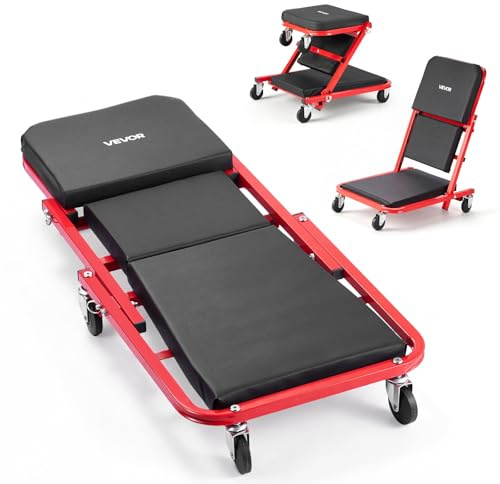 VEVOR Camilla Mecánica Taburete para Taller Plegable 92 cm con 6 Ruedas, Forma en Z, Carga Máxima de 150 kg, Marco de Acero al Carbono, Superficie de Cuero Sintético, para Reparación de Automóvil