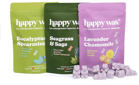 Happy Wax Spa Mix Premium Scented Natural, Non Toxic Soy Wax Melts – 6 Total Oz. of Scented Wax Melts. Includes: Seagrass & Sage, Lavender Chamomile, and Eucalyptus Spearmint