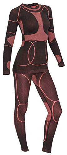 icefeld®: Sport Ski- Thermounterwäsche-Set für Damen Seamless (nahtfrei) in schwarz/Koralle XL