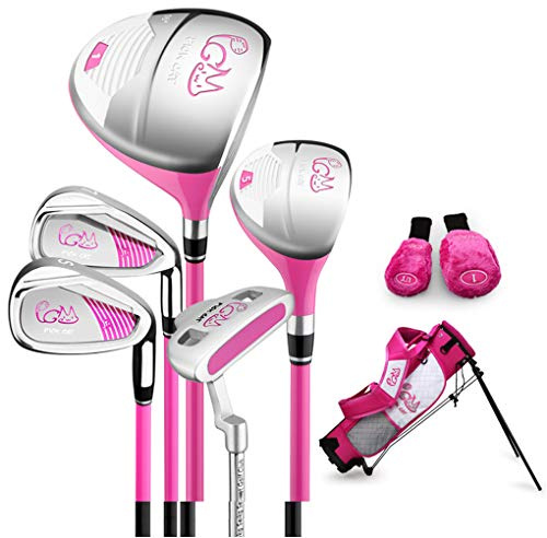 PGM Juguete para niños de 3 a 5 Grupos de Edad, 5 Palos de Golf con Bolsa de Soporte y 2 Fundas para la Cabeza para niños y niñas, Mano Derecha, Rosa