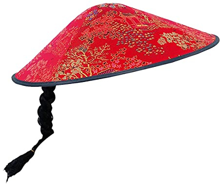 labreeze Red Chinese Coolie Hat with Plait Traditional Chinese New Year Fancy Dress