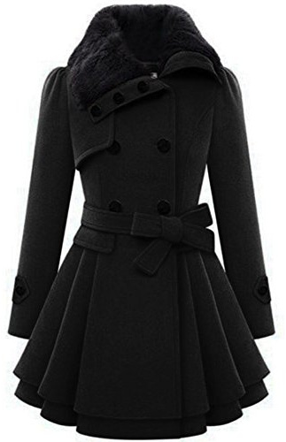 Zeagoo Women's Fashion Trench Coat Faux Fur Lapel Double Breasted Thick Outwear Wool Peacoat Jacket Black