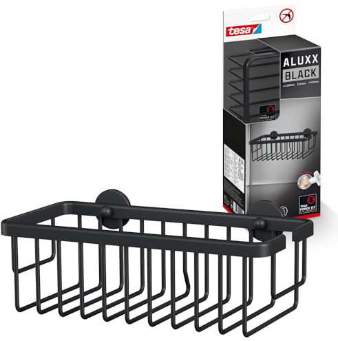 tesa ALUXX BLACK Duschablage zur Wandmontage ohne Bohren, schwarz matt - einstöckig und extra tief - für Bäder im Industrial Style und moderne Badezimmer - mit Klebelösung - 92 mm x 250 mm x 125 mm