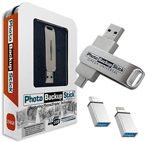 Photo Backup Stick Omega Universal Picture and Video Backup for Any Device - iPhone, Android, Computer, Tablets (256GB)