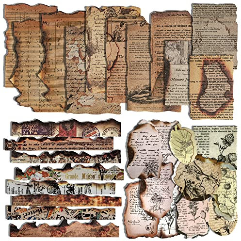 Mayplous Vintage Scrapbook Papier Set im Verbrannten Rand Stil – Retro Antike Noten & Pflanzen Musterpapiere mit Stickern für Tagebuch, Kartenbasteln, Handarbeiten & DIY-Zuschnitt (Flame)