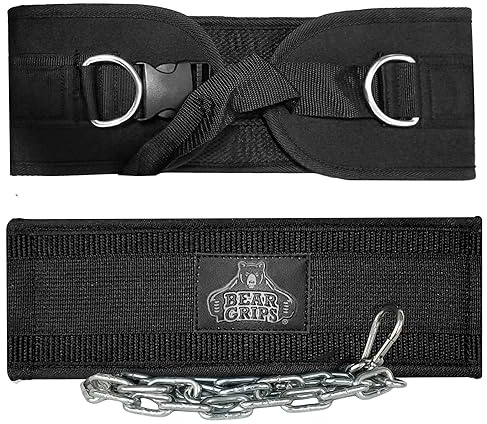 Bear Grips Dip Belt for Weight Lifting, Weight Belt for Pull Ups, Weighted Dip Belt, Weightlifting Belt for Chin Ups, With Heavy Duty Steel Chain, 8mm Padded Support, Plastic Buckle - Black