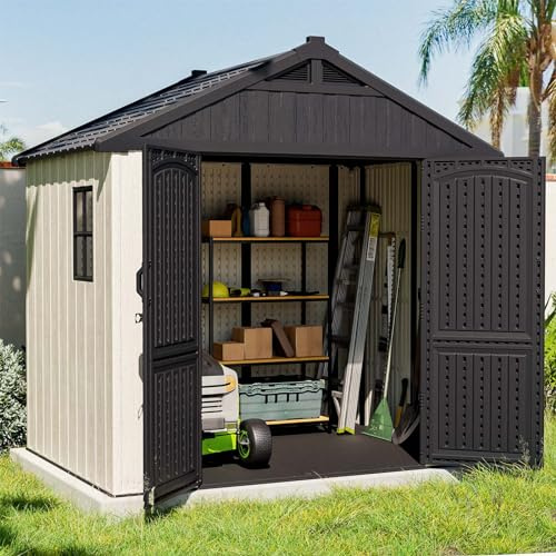 Patiowell 8 x 6 FT Plastic Outdoor Storage Shed with Floor, Resin Shed with Window and Lockable Door for Garden, Backyard, Tool Storage Use, Easy to Install in Beige (Kick-it Shed)