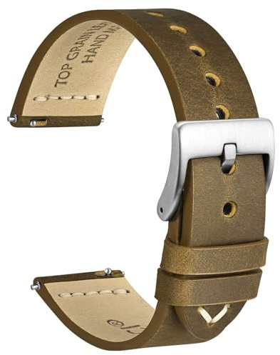 WOCCI 18mm Antigua Correa Reloj para Hombre, Cuero de Sillín, Hebilla Plateada (Bronceado Oscuro)