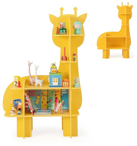 GYMAX Scaffale per Bambini, Libreria per Bambini con Ripiani Aperti e Dispositivi Antiribaltamento, Organizzatore di Stoccaggio per Camera da Letto, Asilo Nido (Giraffa)
