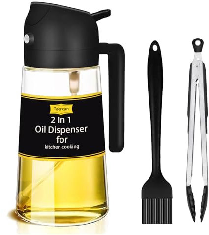 Taerxun Spruzzino olio per friggitrice aria,Cucina olio spray e versamento 2 in 1 spruzzino per olio,470ml nebulizzatore olio di vetro,Adatto per cucinare, grigliare, insalate, ecc., nero