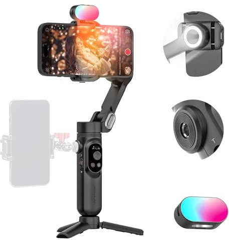 AOCHUAN Handlicher 3-Achsen-Gimbal-Stabilisator für Smartphone, iPhone und Android mit 1/4 Zoll Gewinde, RGB-Magnetlicht, AI-Tracking, Schwarz