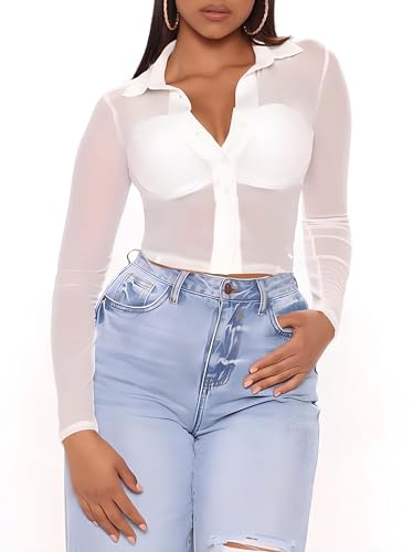 ZANZEA Women's Sexy Mesh Shirt Sheer Button Up Blouse See Through Long Sleeve Crop Top White Medium