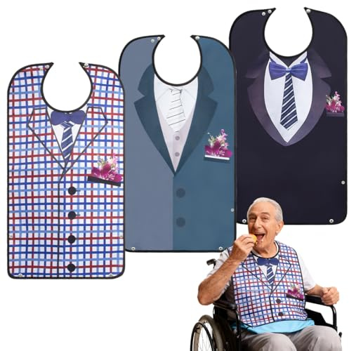 NAVESO 3 Pezzi Bavaglio per Adulti, Bavaglini per Anziani Lavabili con Raccogli Briciole, Bavaglini Adulti Divertenti per Anziani Donne Uomini e Persone Disabile, Lavabile e Riutilizzabile