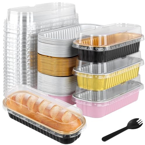 MOUYAT 60PCS Mini Loaf Cake Cases, Mini Loaf Tins with Lids, 200ml Mini Cake Tins, Aluminum Foil Baking Pans for Baking, Picnic, Birthday, Gold, Pink, Black