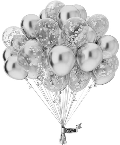 OWill Lot de 50 ballons argentés métallisés, 25 cm, ballons pour anniversaire, guirlande ou arche, décoration d'anniversaire, de mariage, fête prénatale