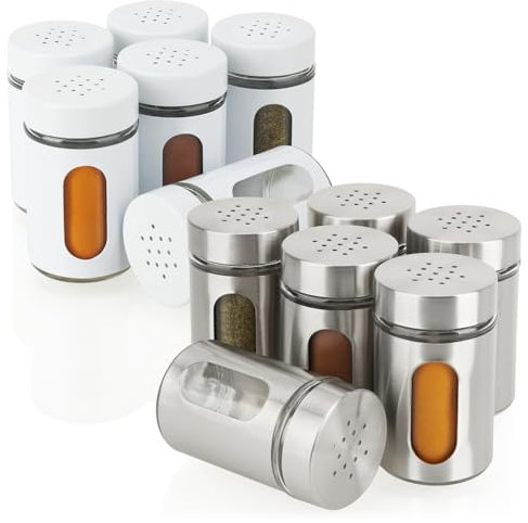 COM-FOUR® 12x pots à épices en acier inoxydable et verre - poivrière intemporelle - distributeur de sel moderne - pot à herbes avec fenêtre de niveau de remplissage (12 pièces - Ensemble mixte)