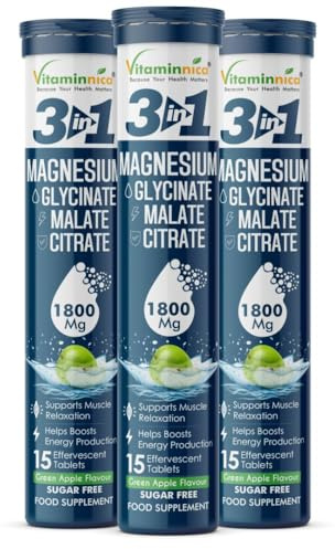 Vitaminnica Magnesium 3-in-1-45 Effervescent Tablets Green Apple Flavour – High Absorption Magnesium Malate, Citrate & Glycinate – Energy, Muscle Function & Relaxation – Sugar Free