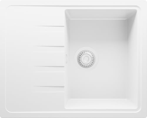 PRIMAGRAN Evier Cuisine en Granit Tout Blanc 62x50cm, Lavabo 1 bac + Kit de Vidage, Évier à Encastrer al mueble 40cm - Milan
