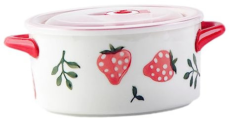 HEALEEP Ciotola Per Zuppa Con Manici in Porcellana, Resistente Microonde Con Coperchio Per Conservazione Cibo, Ciotola Da Cucina Decorativa Con Motivo Fragola Per Uso Quotidiano