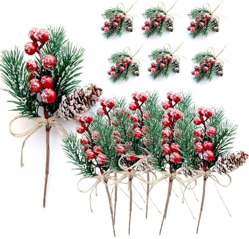 24 Stück Künstliche Tannenzweige Weihnachtsbeeren Tannenzweige Weihnachten Rote Beeren Stiele Weihnachtsbeeren Stechpalmenstiele Kiefer Picks für Weihnachtsbaum DIY-Kranz Handwerk Weihnachtsdekoration