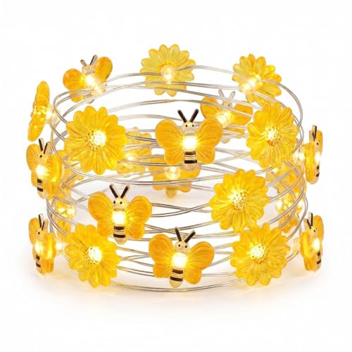 DiiWmme 2M Bees and Flowers Fairy Lights, 20 LED Battery Operated String Lights, Warm White Bees Decor for Bedroom, Indoor Outdoor Party Wedding Christmas Garden Patio Decorations (Bee)