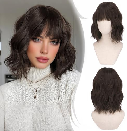 RUWISS Parrucca Corta Bob Ondulata con Frangia, 35 cm Parrucche Donna Marrone Scuro Parrucca Ricci Ondulati Parrucca Breve Sintetica per Cosplay Feste Uso