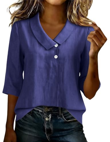 Womens Collared Shirts 3/4 Sleeve Button Up Blouse Cotton Linen Solid Color Tunic Tops Elegant Peter Pan Collar Blouses Casual Loose Fit Lightweight Shirt Work Office Leisure Wear Top
