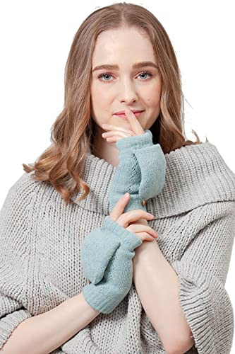 BYOS Women Winter Soft Warm Plush Fleece Lined Convertible Fingerless Knit Mittens Gloves Glittens w/Thumb Flaps (Pastel Blue)