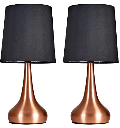 MiniSun | Modern Copper Teardrop Touch Table Lamps with Black Fabric Shades | Table Lamps, Home Décor & Improvement Essential | Set of 2 | Includes 5W LED Bulbs [3000K Warm White]
