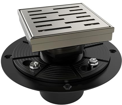 WEBANG 4 Inch Square Shower Drain Nickel Floor Drain with Flange Rainline Pattern Cover Grate Removable SUS304 Stainless Steel Watermark&CUPC Certified Brushed Nickel
