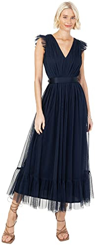 Anaya with Love Ladies Maxi Dress for Women V Neckline Sleeveless Frilly for Wedding Guest Bridesmaid Prom Long High Empire Waist Tiered, Robe Femme, Navy Blue,