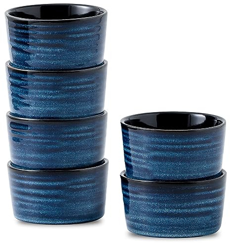 Tikooere Ceramic 4 oz Ramekins,Small Souffle Dishes Set of 6, Mini Baking Bowls for Kitchen, Porcelain Dipping Sauce Cups for Creme Brulee, Pudding, Ice Cream, Lava Cakes, Microwave & Oven Safe, Blue