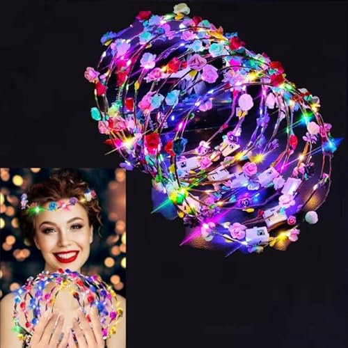 Garland Stirnband,Blumen Stirnband,12 Stück Leuchtende Blumenkronen,Leuchtender Kranz,Haarschmuck Stirnband Leuchtend,LED-stirnband Für Mädchen,LED-Blumenkranz,LED Blumenkranz Stirnband(6 Farbens)