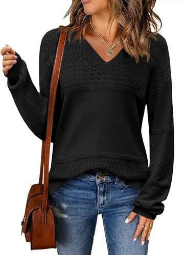 Zeagoo Suéter Mujer Otoño e Invierno Casual Cuello de Pico Jersey Básico Manga Larga Pullover de Punto Suave Sweater Negro M