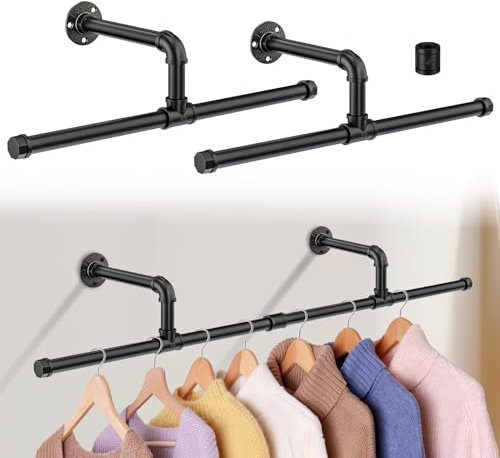 Mucek Kleiderstange Wandmontage, Kleiderstange Wand Schwarz Industrierohr Kleiderstange Wand, Rustikale Kleideraufbewahrung, Wandmontage Schwarz Kleiderständer 2-Pack 120cm
