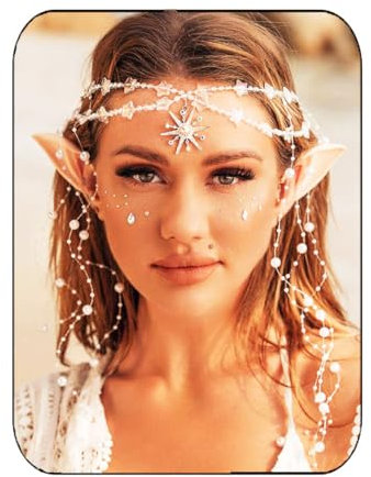 Zoestar Boho-Stirnkette mit Elfenohren, silberfarbene Perlen, Quaste, Feen-Kopfschmuck, Schmuck, Halloween, Festival, Stirnbänder, Kette, Strand, Brautkostüm, Haarschmuck für Damen, 1 count (Pack of 1