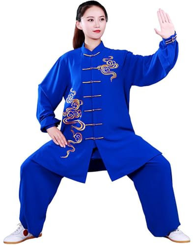 Tai Chi Anzug Damen, Kampfsportkleidung aus Stretch-Baumwolle, Unisex, Glückverheißende Wolkenstickerei, Atmungsaktive Kung-Fu-Kleidung für Damen und Herren,Blue-3XL