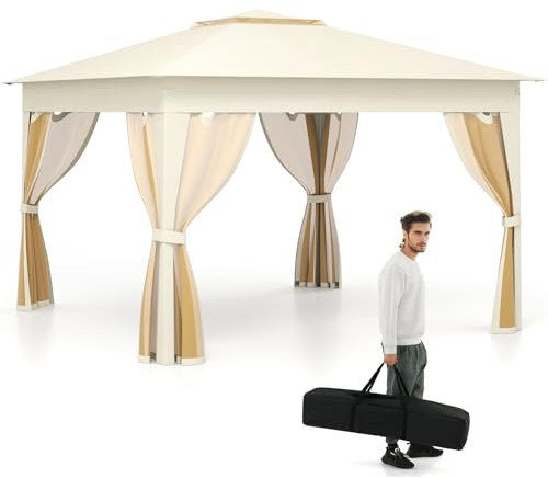TANGZON 3.3M X 3.3M Pop Up Gazebo, Outdoor Camping Sunshade Canopy Tent with Mesh Netting, Double Roof & Carrying Bag, Easy Setup Sun Shelter Gazebo for Garden Patio (Beige)