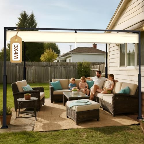 Soontrans Pergola con tetto apribile regolabile 3 x 4 m, copertura per terrazza indipendente per relax, gazebo con struttura in acciaio e fissaggio magnetico, protezione solare per giardino piscina
