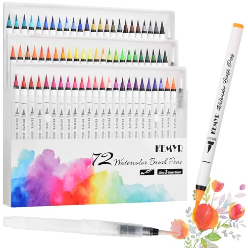 KEMYR 75 Teiliges Aquarellstifte Set,72 Lebendige Aquarell-Pinselstifte und 3 Wasserpinsel Stifte,Echte Pinselspitzen mit Flexiblen Nylonspitzen für Aquarellmalerei und Kalligraphie