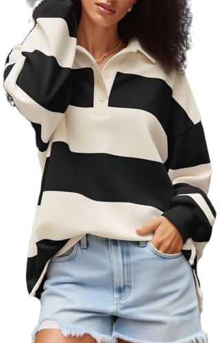 Amiblvowa Rugby Shirt Women Striped Collared Long Sleeve Polo Shirts Oversized Color Block Sweatshirt Vintage Pullover Top, Black, M