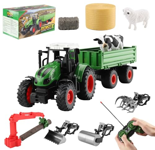 Carastek Tractor Juguete Tractores de Juguete 1:24 Tractor con Remolque Tractores Teledirigido Desmontable y Modular, 4 Cargador Frontal, Animales y Césped, Regalo para Niños de 3 4 5 6 7 Años