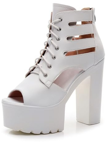 TNMIUH Bottines Plateforme à Lacets Femmes,Bottine Gothiques Cuir, Peep Toe, Talon Haut Chunky 14cm, Élégant Sexy, Été Chaussure Gothique Femme à Talon, Noir et Blanc,Blanc,35 EU