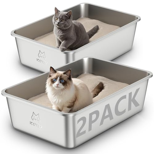 Lot de 2 Bacs Bac Litiere pour Chat en Inox, à Litière pour Grands Chats, Chatons et Lapin, Caisse Chat Litiere XXL, Litiere Toilette pour Maine Coon, Anti-Adhérent, Anti-Odeurs (Lot de 2, 60*40*20cm)