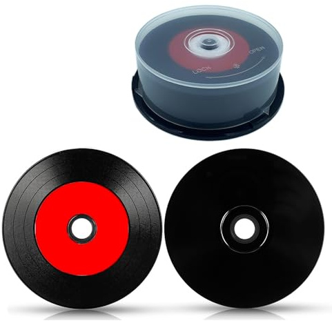LHMYTREE 25PCS CD-R Blank Discs 700MB 80min 52X Recordable Disc for Music and Data with White Inkjet Printable Center and Black Recording Surface for Data.Includes 25 CD Inner Sleeve-Black/Red