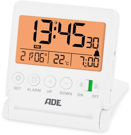 ADE Sveglia digitale da viaggio, orologio con indicatore di temperatura, piccola sveglia con luce, specchio pieghevole integrato nel coperchio, facile da usare, bianco