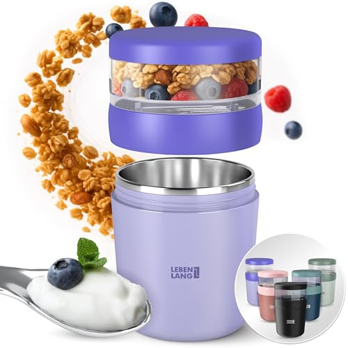 LEBENLANG Porta Yogurt Con Cucchiaio - 650ml & Parete interna isolante inox I Contenitore Yogurt Porta Yogurt Bambini Port a Yogurt E Cereali Contenitori Per Yogurt Port a Yogurt Da Bere Cereal Cup